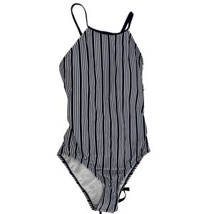 Nautica Slimming Navy White Striped High Neck Lace Up One Piece Swimsuit Large